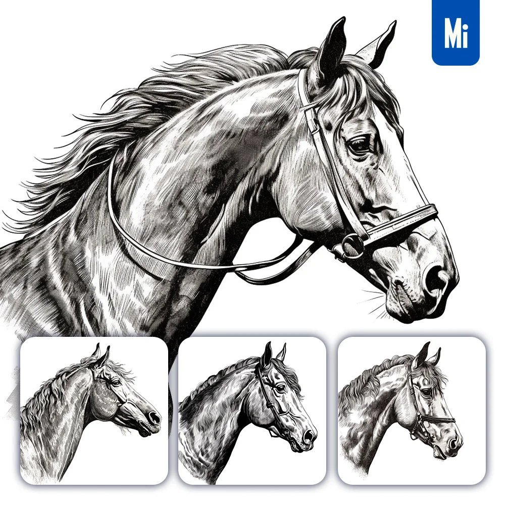 Midjourney Prompt Horse Face Head Painting Black and White