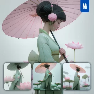 Midjourney Prompt Lady Geisha Woman Green Umbrella Lotus Flower Kimono 3D Illustration