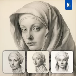 Midjourney Prompt Lady Pencil Drawing Face Head Woman Sketch Black and White