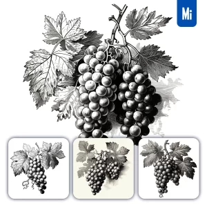 Midjourney Prompt Leaf Bunch Grape Leaves Vector Illustration Black and White Ink Painting