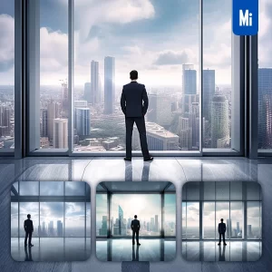 Midjourney Prompt Man Boss Male Suit Stand Business Back City Skyline Sky Window