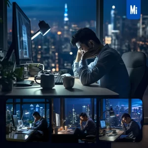 Midjourney Prompt Man Overtime Extra Work Night Midnight Tired Official Photography