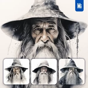 Midjourney Prompt Old Man Wizard Enchant Face Head Painting Black and White