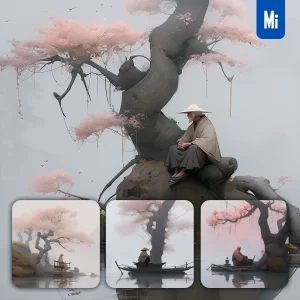 Midjourney Prompt Oldman Taoist Peach Blossom Priest Sit Tree 3D Illustration