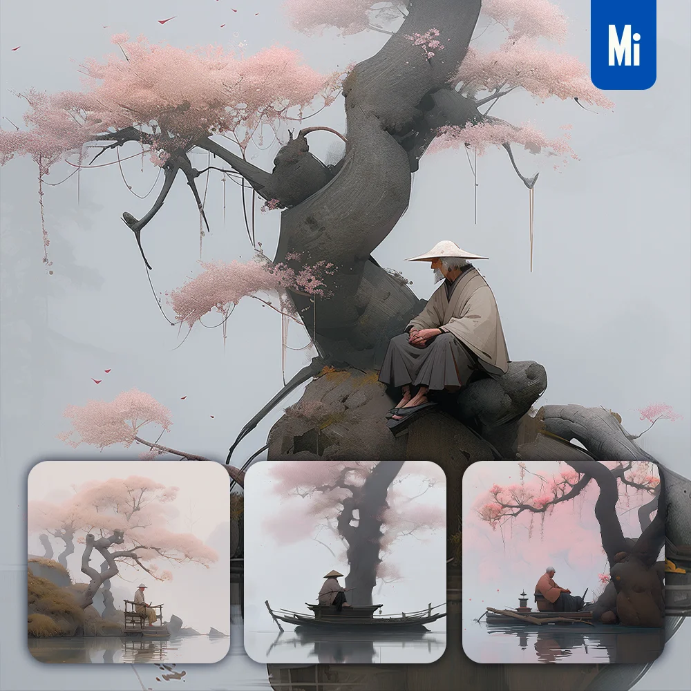 Midjourney Prompt Oldman Taoist Peach Blossom Priest Sit Tree 3D Illustration