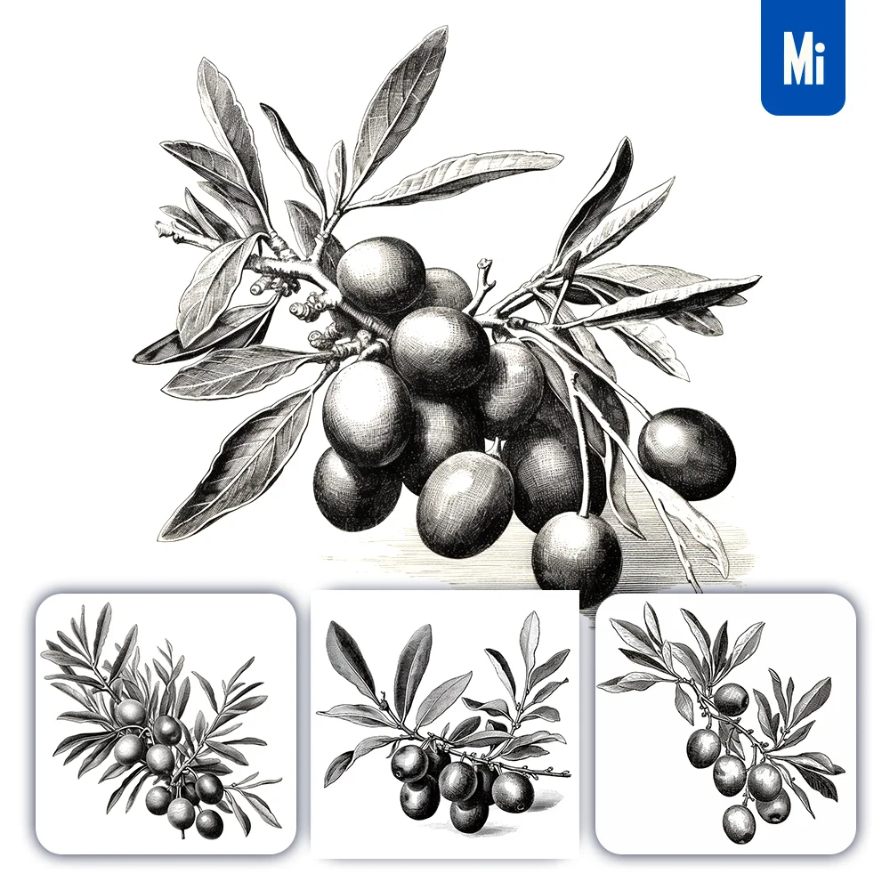 Midjourney Prompt Olive Leave Leaf Illustration Painting Black and White