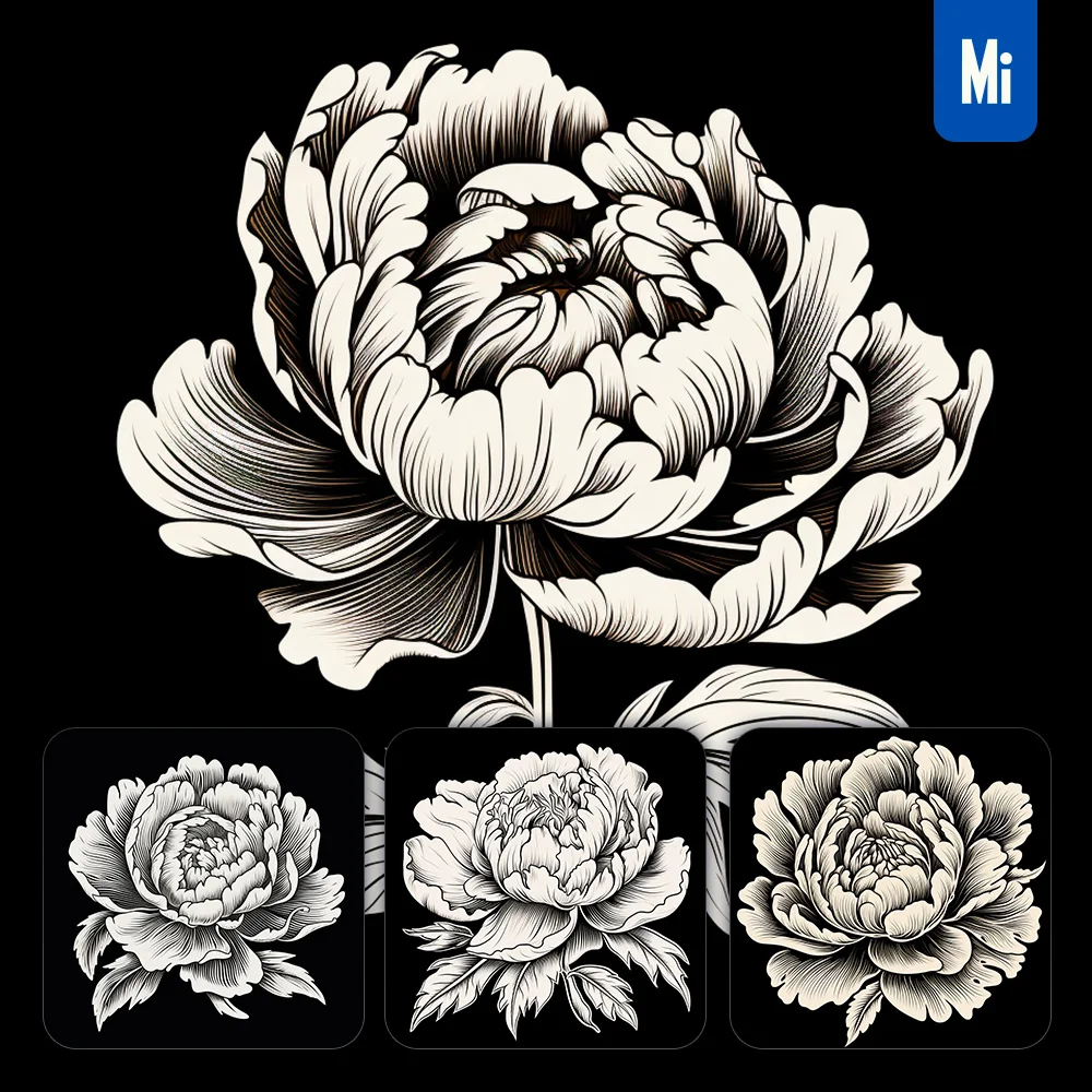 Midjourney Prompt Peony Black and White Flower Drawing Victor Ink Illustration