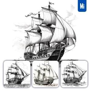 Midjourney Prompt Sail Sailing Ocean Navigation Illustration Painting Black and White