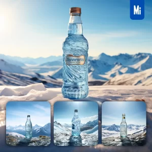 Midjourney Prompt Sparkling Spring Mineral Water Liquor Bottle Snow Winter Photography