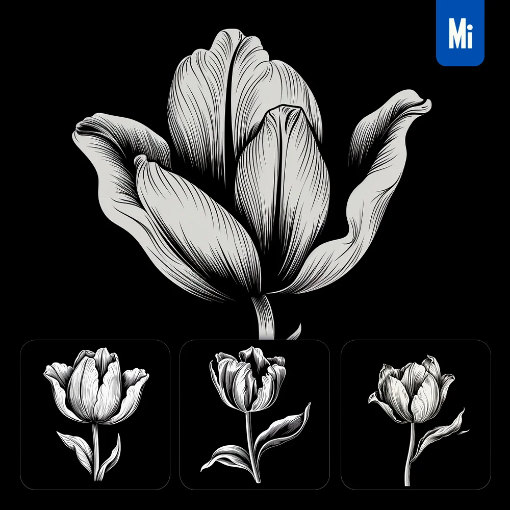 Midjourney Prompt Tulip Flower Black and White Drawing Victor Ink Illustration Logo