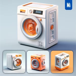 Midjourney Prompt Washing Laundry Machine Washer Orange Isometric Material Industrial Design 3D Icon