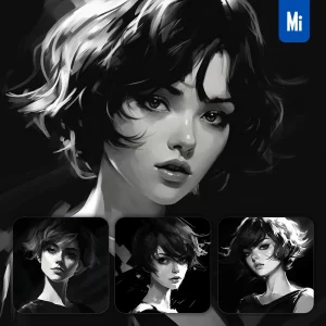 Midjourney Prompt Woman Anime Portrait Hair Cool Lady Black and White Graceful Painting