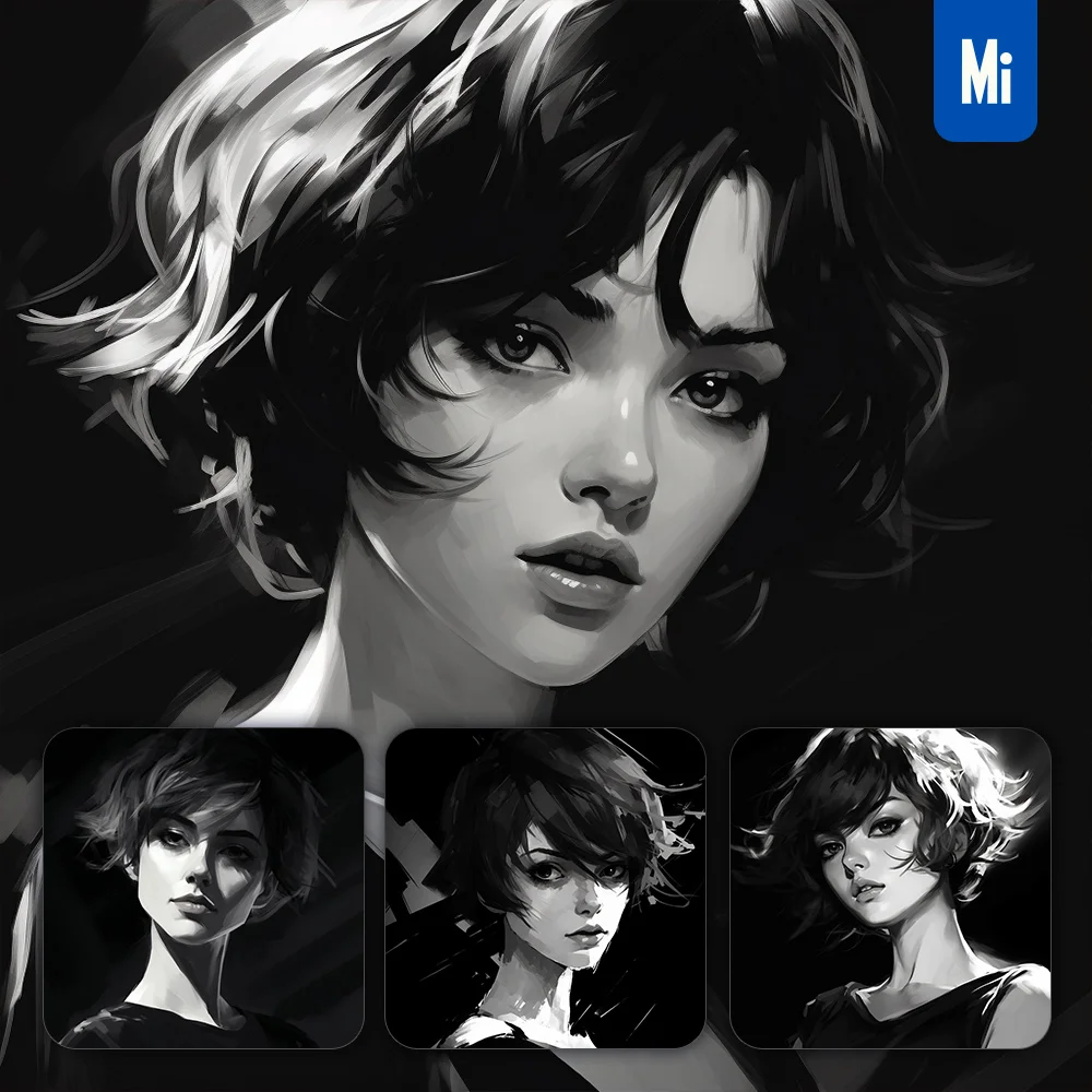 Midjourney Prompt Woman Anime Portrait Hair Cool Lady Black and White Graceful Painting
