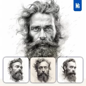 Midjourney Prompt Man Male Beard Head Sketch Pencil Drawing Black and White