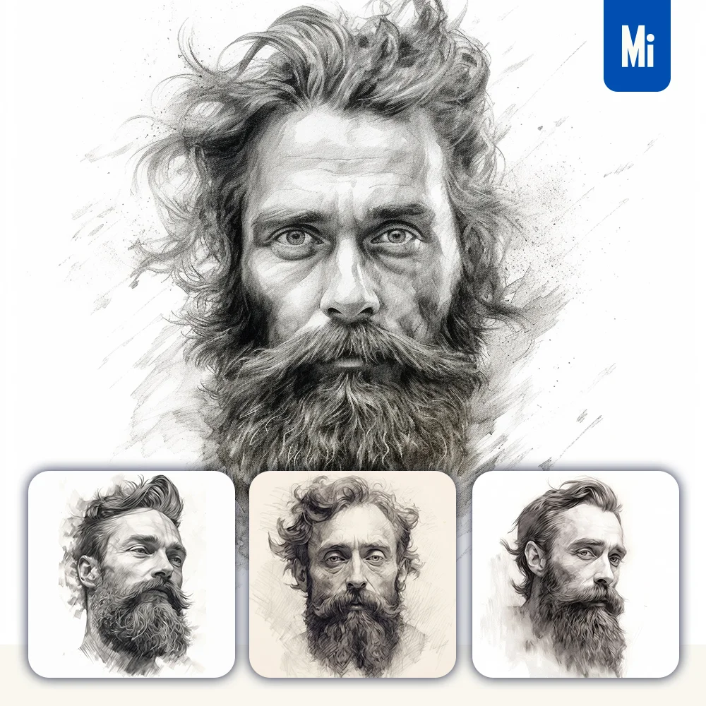 Midjourney Prompt Man Male Beard Head Sketch Pencil Drawing Black and White