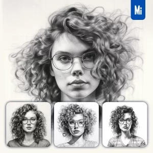 Midjourney Prompt Woman Lady Glasses Curly Hair Female Head Sketch Pencil Drawing Black and White