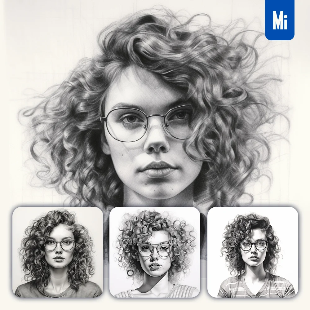 Midjourney Prompt Woman Lady Glasses Curly Hair Female Head Sketch Pencil Drawing Black and White