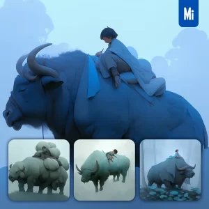 Midjourney Prompt Child Boy Buffalo Sleep 3D Chinese Character Japanese Illustration Cartoon
