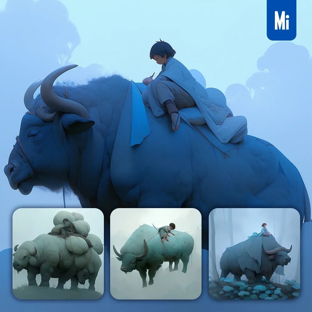 Midjourney Prompt Child Boy Buffalo Sleep 3D Chinese Character Japanese Illustration Cartoon