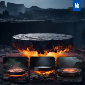 Midjourney Prompt Fire Lava Round Flat Podium Orange Coal Rock Scene Stage