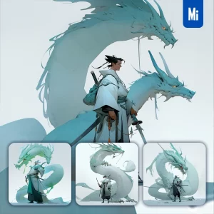 Midjourney Prompt Male Warrior Man Chinese Dragon Character Japanese 3D Cartoon Illustration