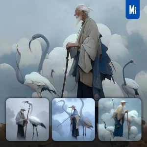 Midjourney Prompt Oldman Grandpa Crane Walking Stick Chinese Character Japanese 3D Cartoon Illustration