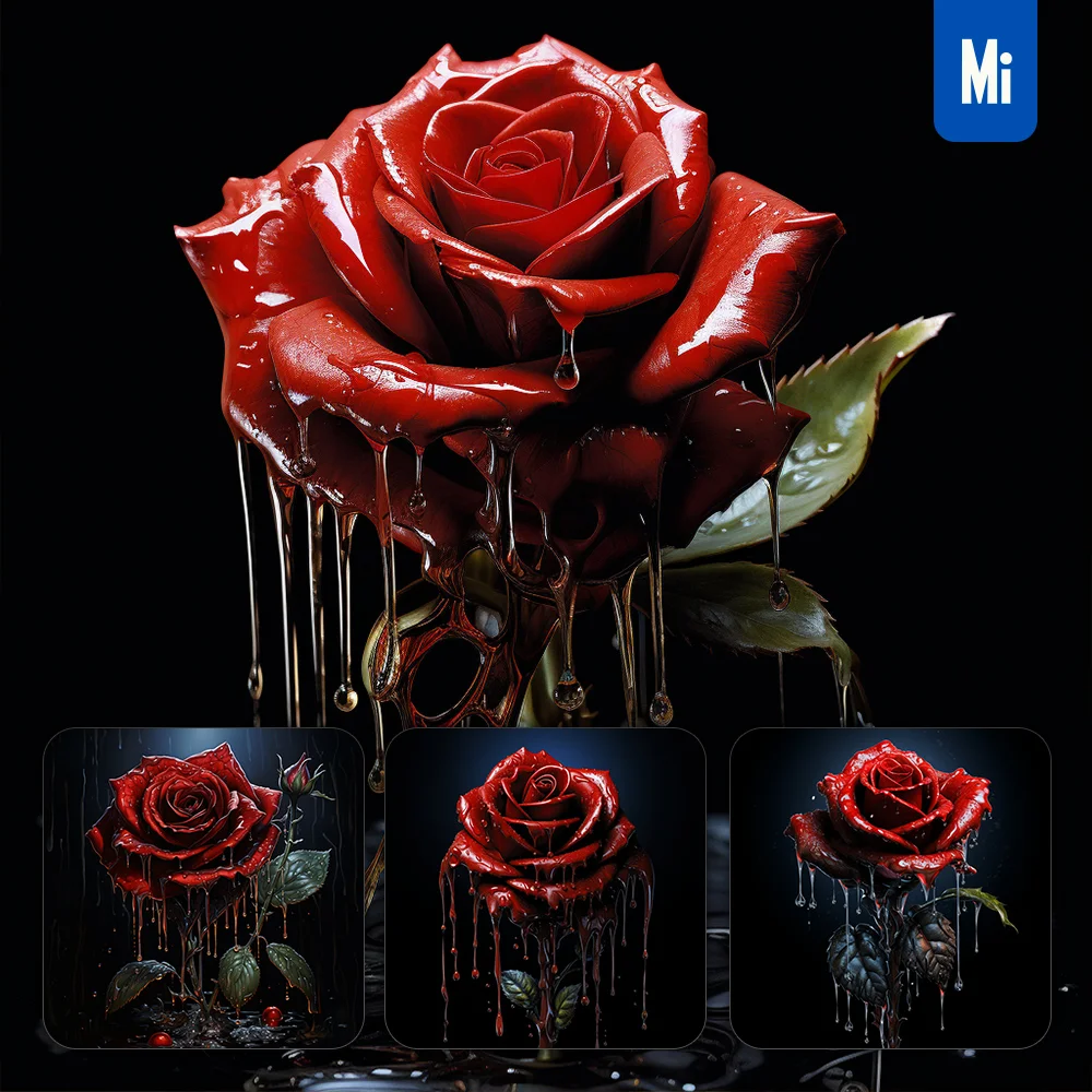 Midjourney Prompt Rose Red Dripping Water Drop Rain Liquid