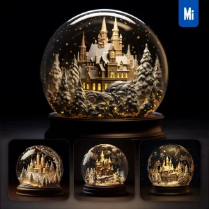 Midjourney Prompt Snow Globe Tree Castle Glass Sphere Warm
