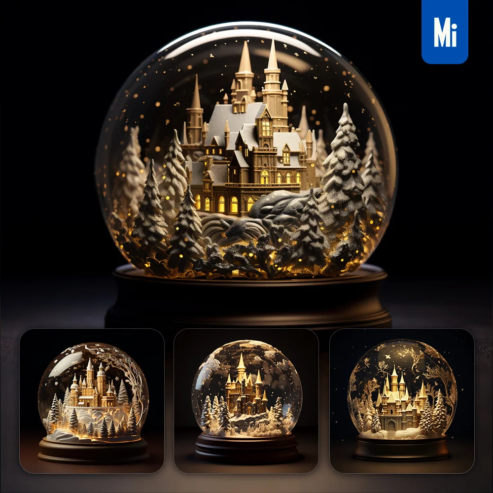 Midjourney Prompt Snow Globe Tree Castle Glass Sphere Warm