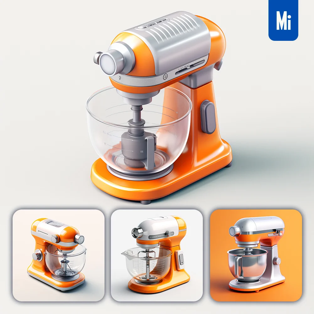 Midjourney Prompt Stand Mixer Orange Glass Isometric Material Industrial Design 3D Icon