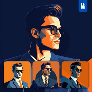 Midjourney Prompt Sunglass Handsome Gentleman Man Male Minimalistic Flat Illustration Vector Orange Blue
