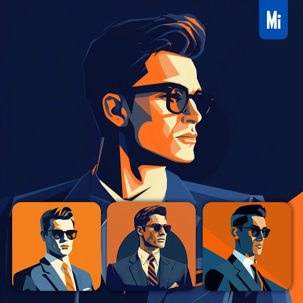 Midjourney Prompt Sunglass Handsome Gentleman Man Male Minimalistic Flat Illustration Vector Orange Blue