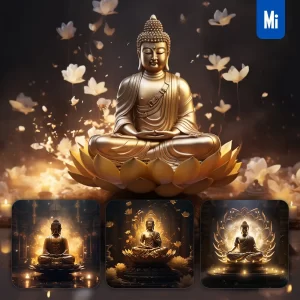 Midjourney Prompt Buddha Golden Metal Lotus Gold Lighting Virtual Buddhism