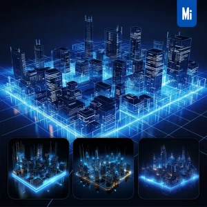 Midjourney Prompt City Building Wireframe Structural Isometric Digital Technological Technology Perspective