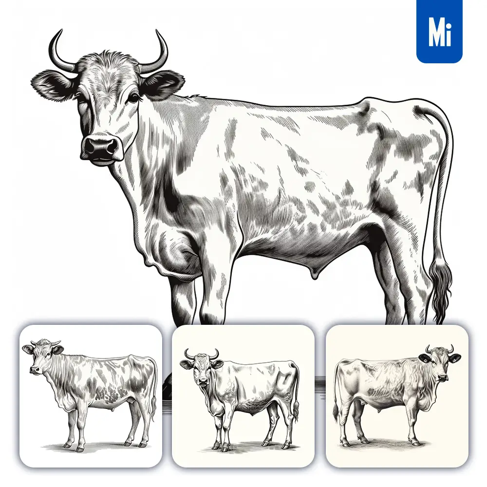 Midjourney Prompt Cow Vintage Illustration Drawing Sketch Black and White