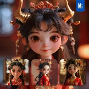 Midjourney Prompt Girl Doll Red Chinese Dragon Horn Smile Happily Cute