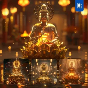 Midjourney Prompt Golden Lotus Gold Buddha Lighting Virtual Buddhism