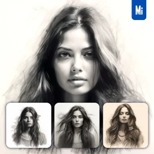 Midjourney Prompt Lady Woman Hair Female Head Sketch Pencil Drawing Black and White