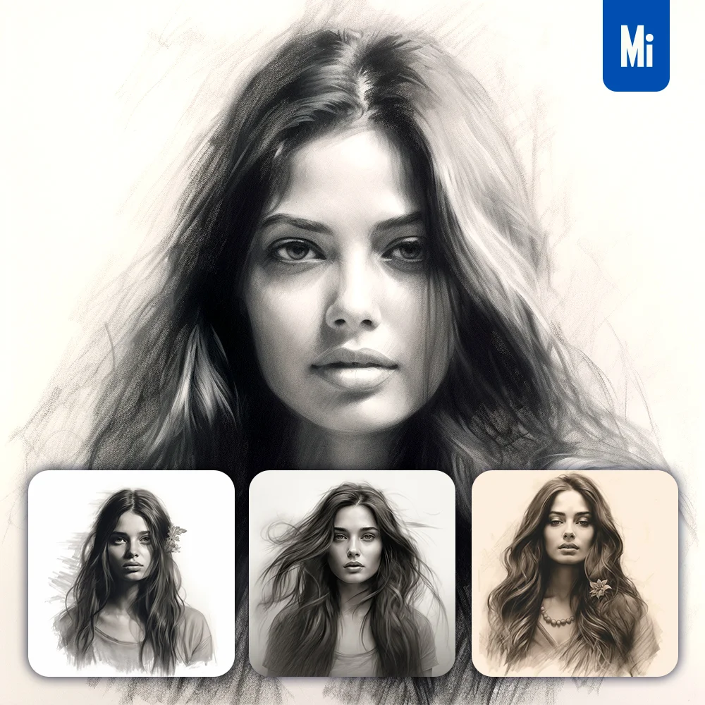 Midjourney Prompt Lady Woman Hair Female Head Sketch Pencil Drawing Black and White