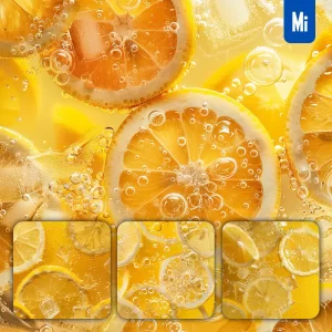 Midjourney Prompt Lemon Slice Ice Cube Sparkling Water Bubble Photography