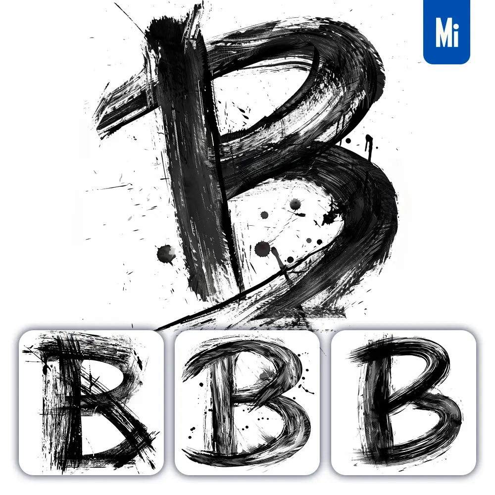 Midjourney Prompt Letter B Brush Ink Black and White Font Stroke Art