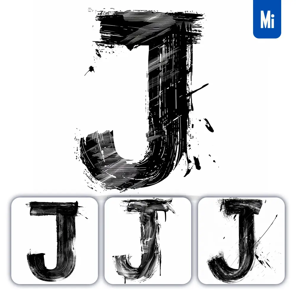 Midjourney Prompt Letter J Brush Ink Black and White Font Stroke Art