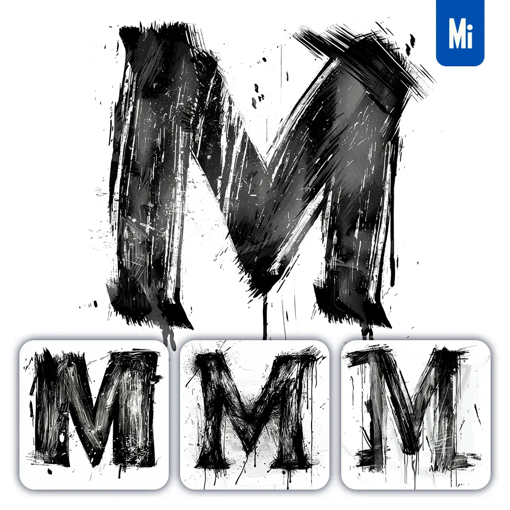Midjourney Prompt Letter M Brush Ink Black and White Font Stroke Art