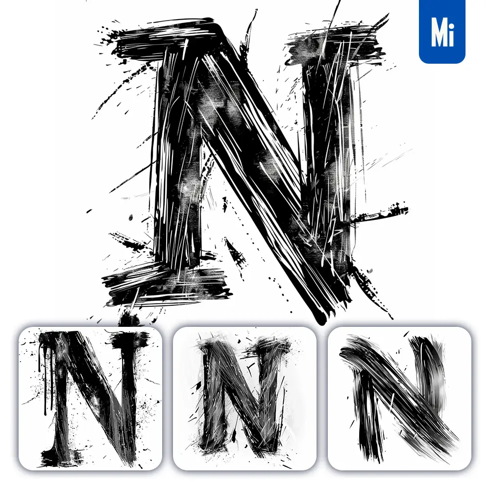 Midjourney Prompt Letter N Brush Ink Black and White Font Stroke Art