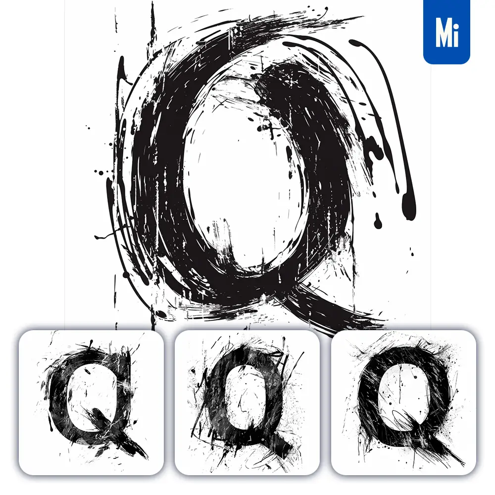 Midjourney Prompt Letter Q Brush Ink Black and White Font Stroke Art