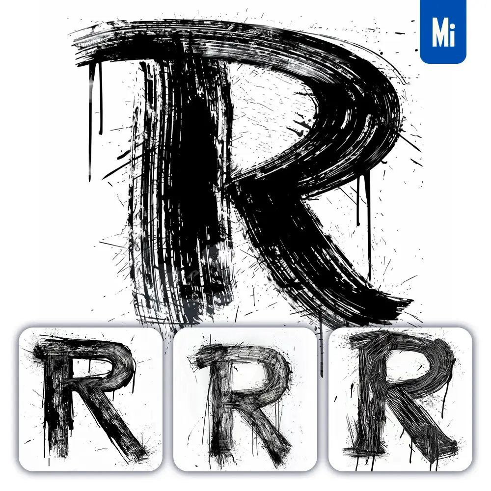 Midjourney Prompt Letter R Brush Ink Black and White Font Stroke Art