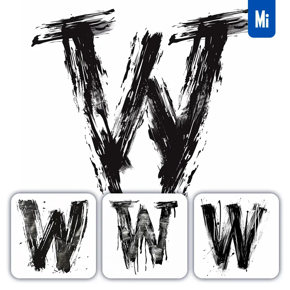 Midjourney Prompt Letter W Brush Ink Black and White Font Stroke Art