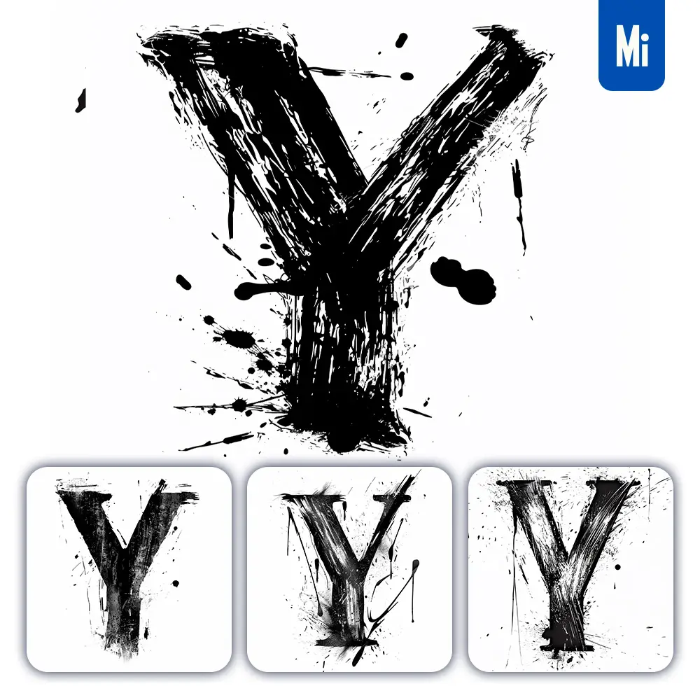 Midjourney Prompt Letter Y Brush Ink Black and White Font Stroke Art