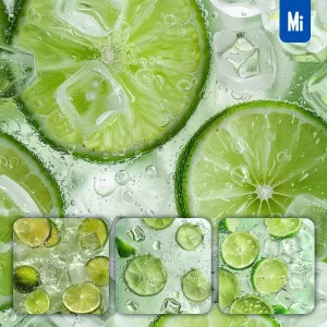 Midjourney Prompt Lime Lemon Slice Ice Cube Sparkling Water Green Bubble Photography