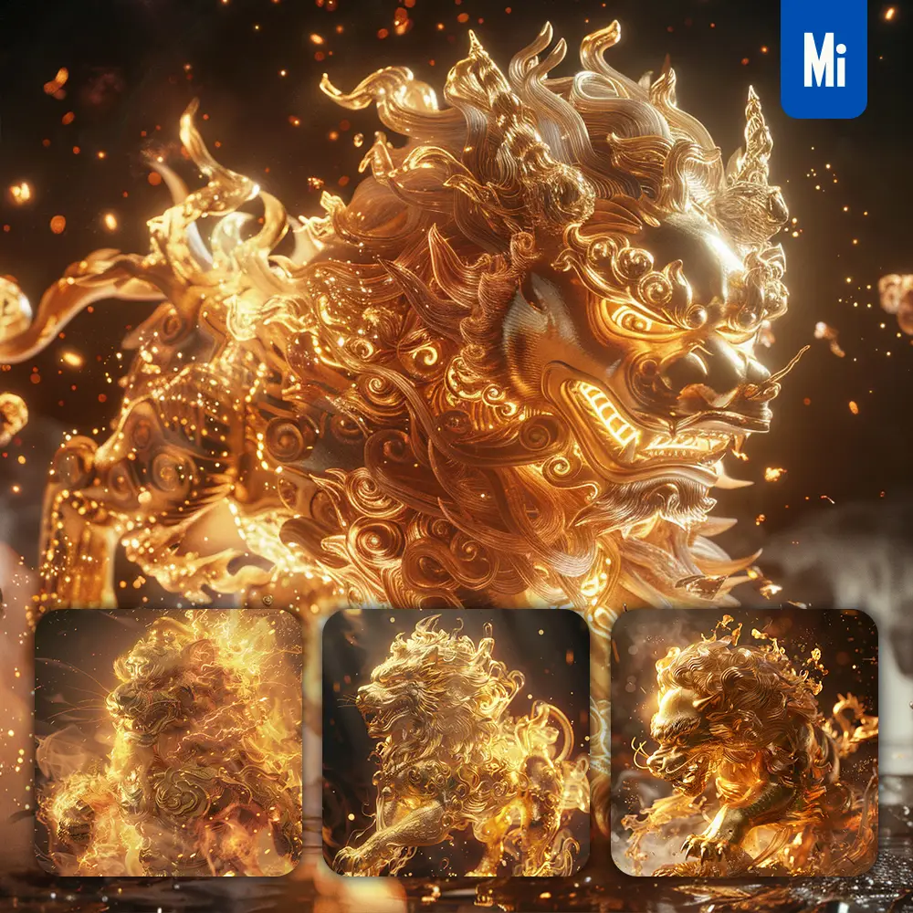 Midjourney Prompt Lion Fire Lighting Gold Golden 3D CG